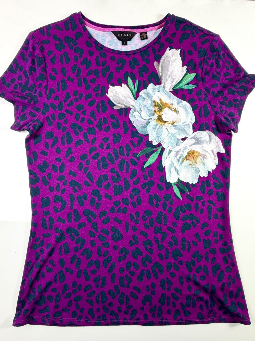 Ted Baker Purple Leopard & Floral Print Short Sleeve Blouse Top, Sz 3/Medium - Picture 7 of 11